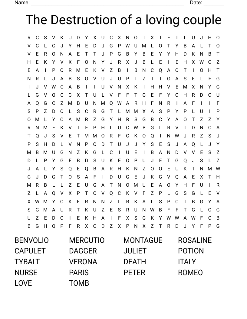 The Destruction of a loving couple Word Search