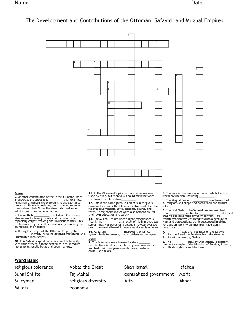 The Development and Contributions of the Ottoman, Safavid, and Mughal Empires Crossword