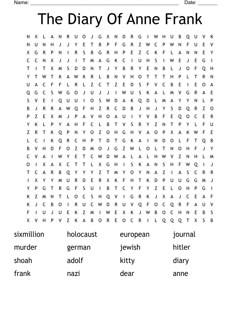 The Diary Of Anne Frank Word Search