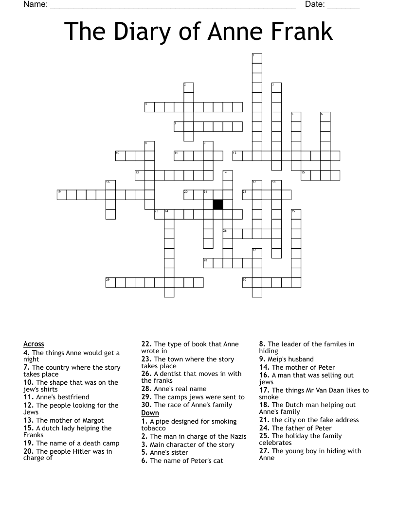 The Diary of Anne Frank Crossword