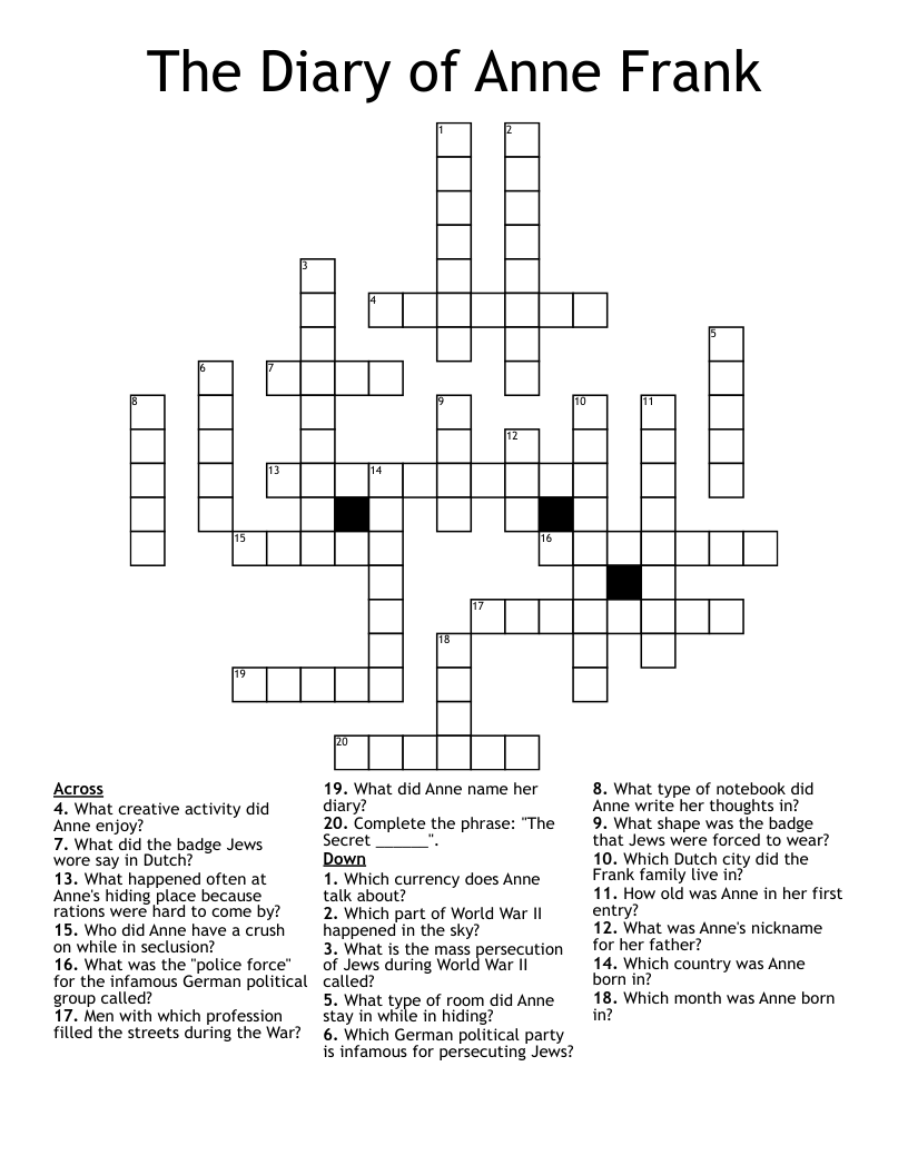 The Diary of Anne Frank Crossword