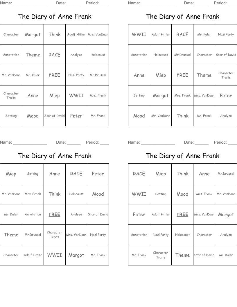 The Diary of Anne Frank Bingo Cards
