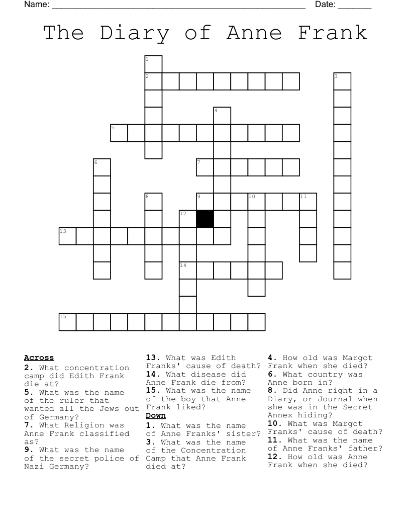 The Diary of Anne Frank Crossword