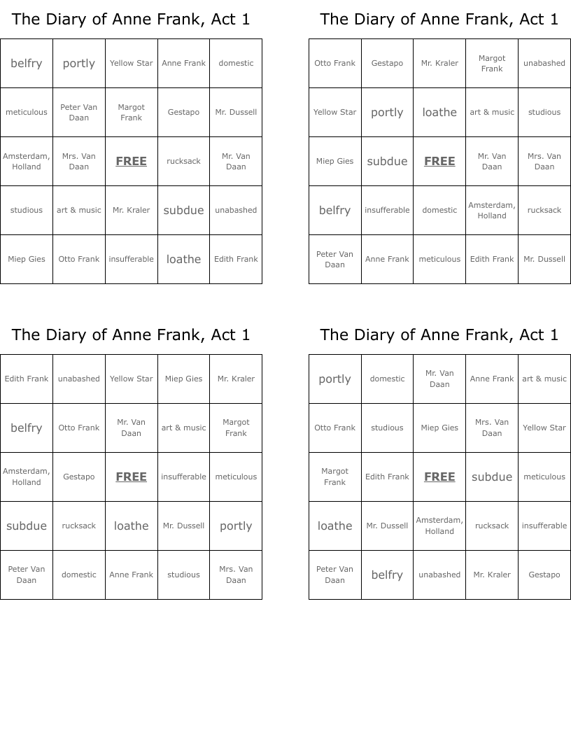 The Diary of Anne Frank, Act 1 Bingo Cards