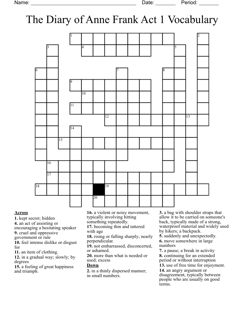 The Diary of Anne Frank Act 1 Vocabulary Crossword