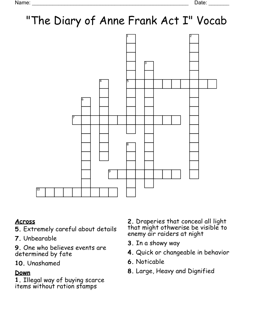 "The Diary of Anne Frank Act I" Vocab Crossword