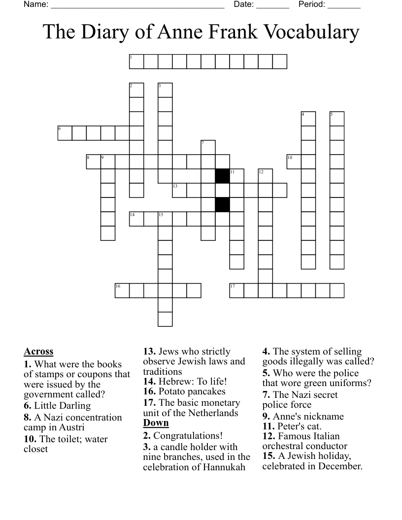The Diary of Anne Frank Vocabulary Crossword