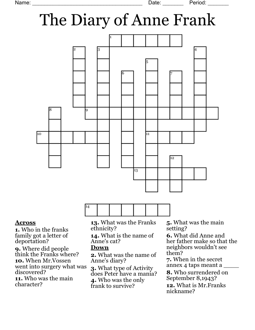 The Diary of Anne Frank  Crossword