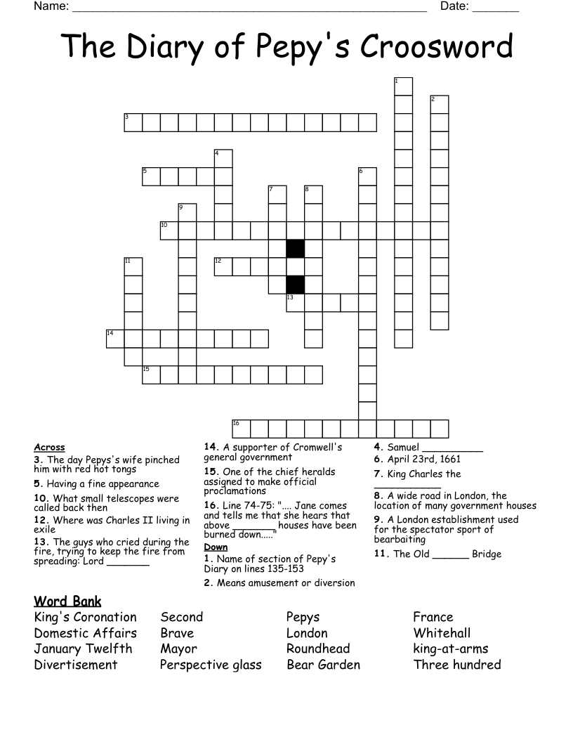 The Diary of Pepy's Croosword Crossword