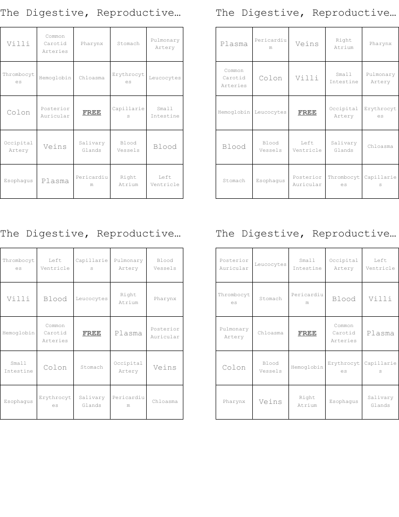 The Digestive, Reproductive, and Circulatory Systems Bingo Cards