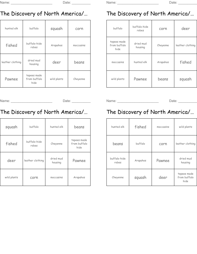 The Discovery of North America/The Plains Bingo Cards