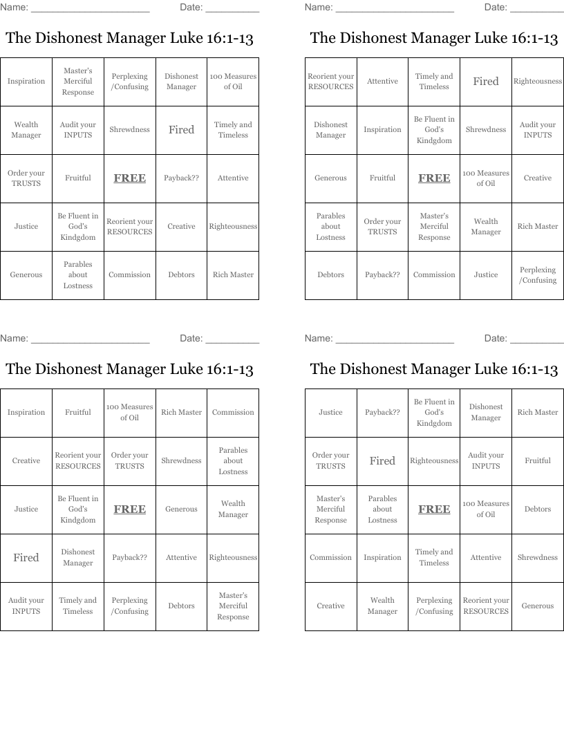 The Dishonest Manager Luke 16:1-13 Bingo Cards