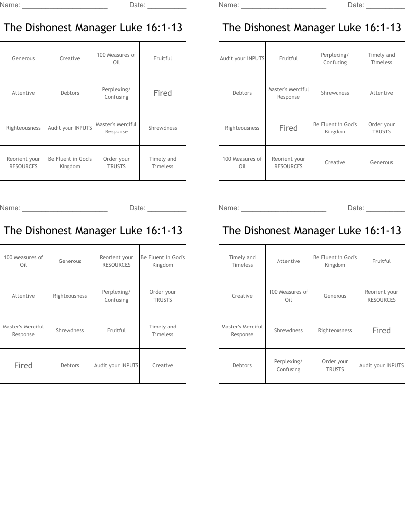 The Dishonest Manager Luke 16:1-13 Bingo Cards