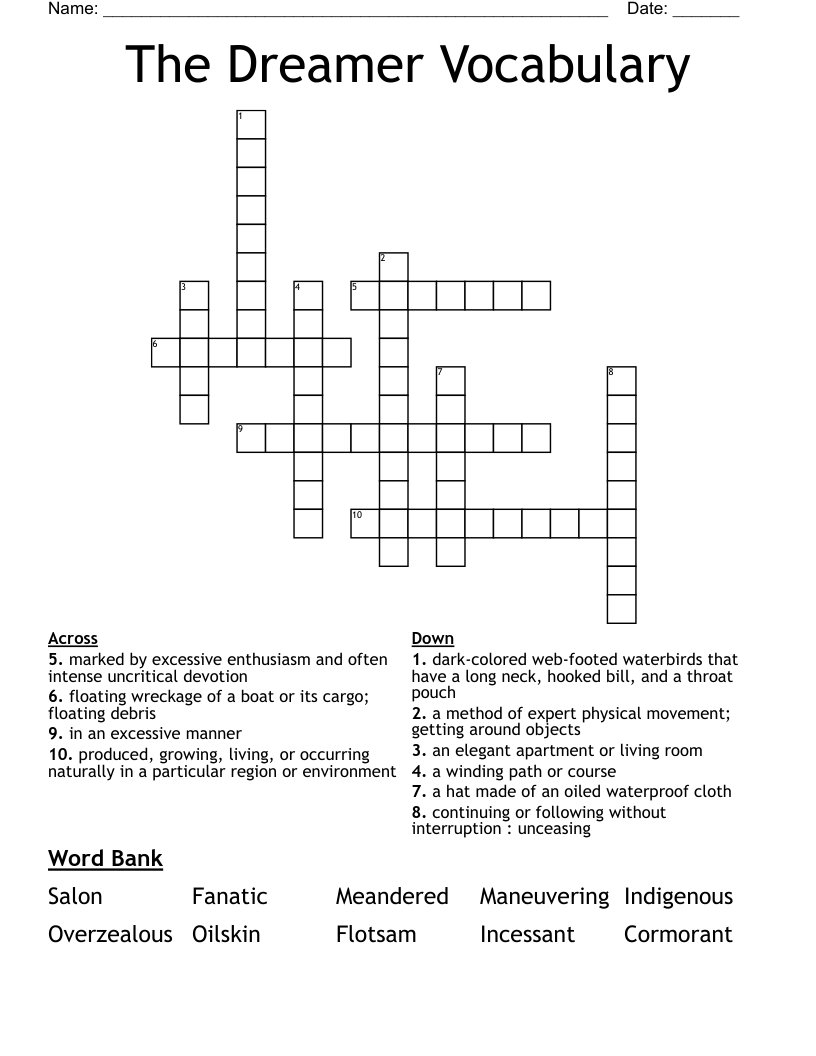 The Dreamer Vocabulary Crossword