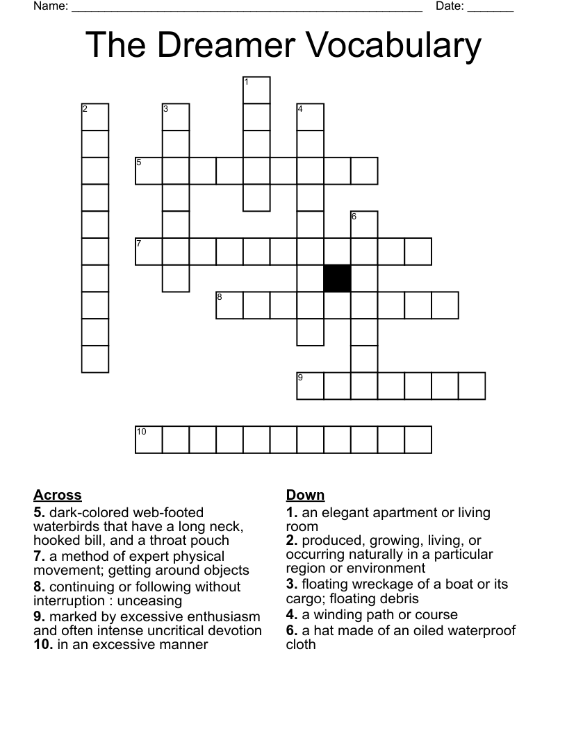 The Dreamer Vocabulary Crossword
