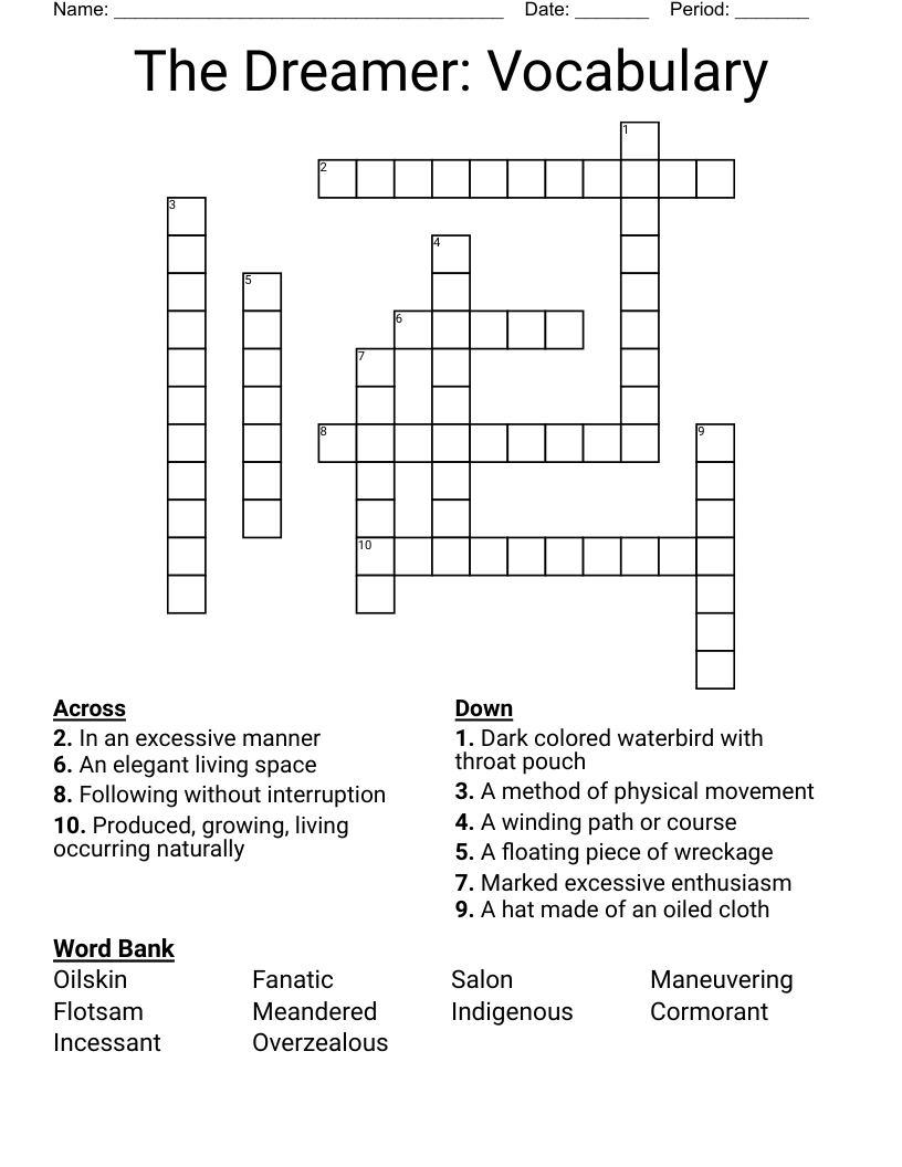 The Dreamer: Vocabulary Crossword