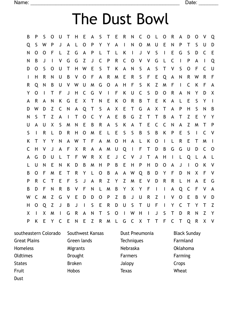 The Dust Bowl Word Search