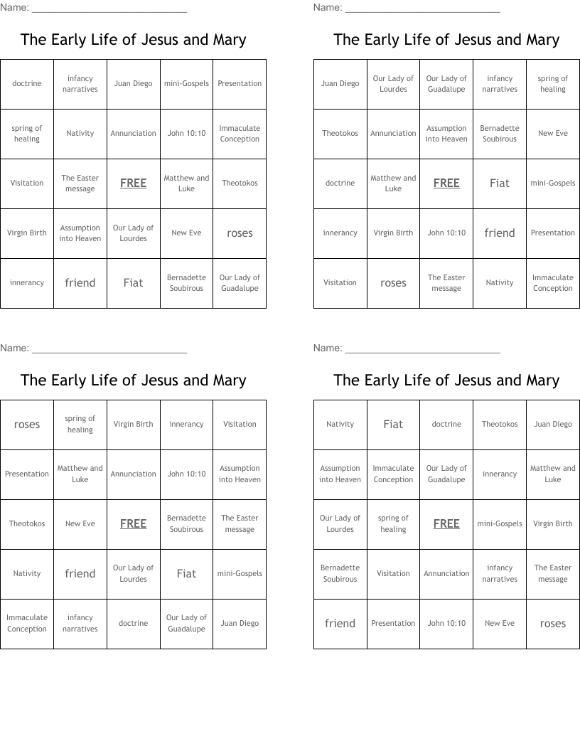 The Early Life of Jesus and Mary Bingo Cards