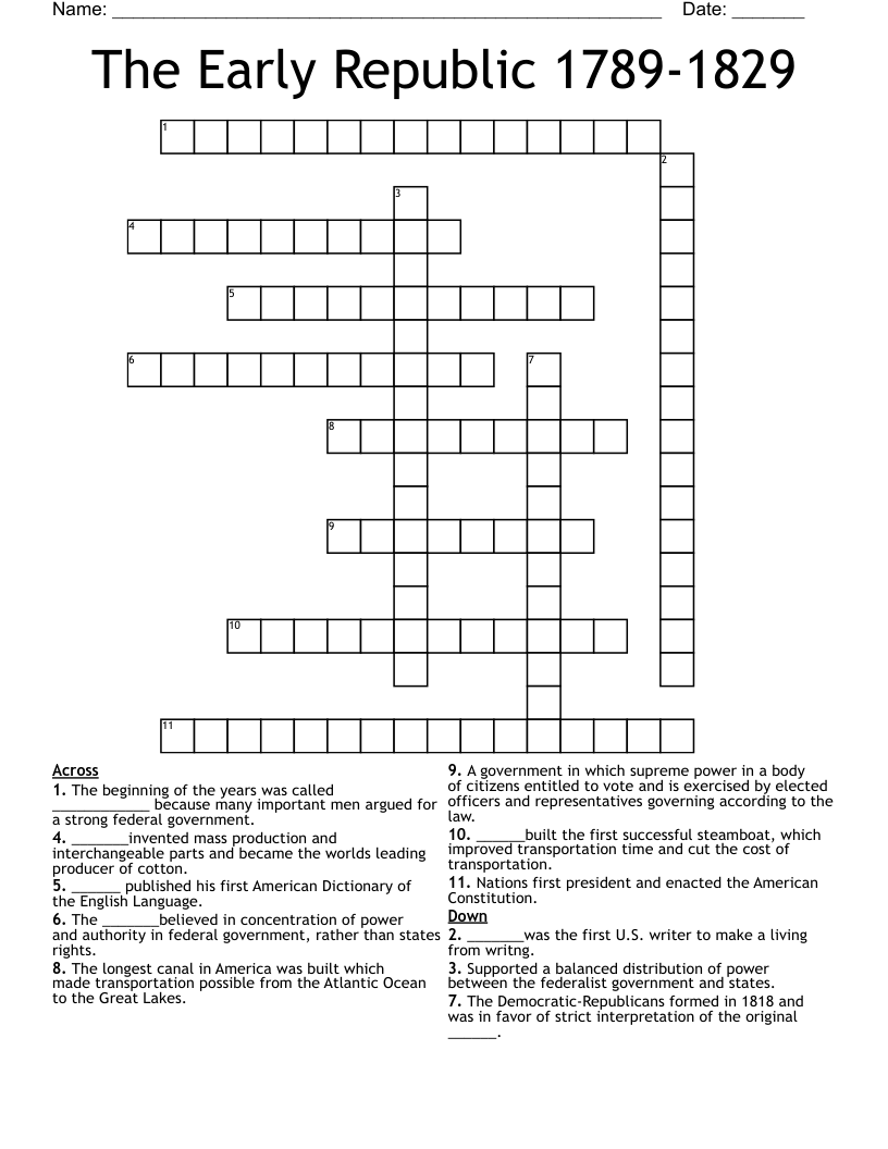 The Early Republic 1789-1829 Crossword