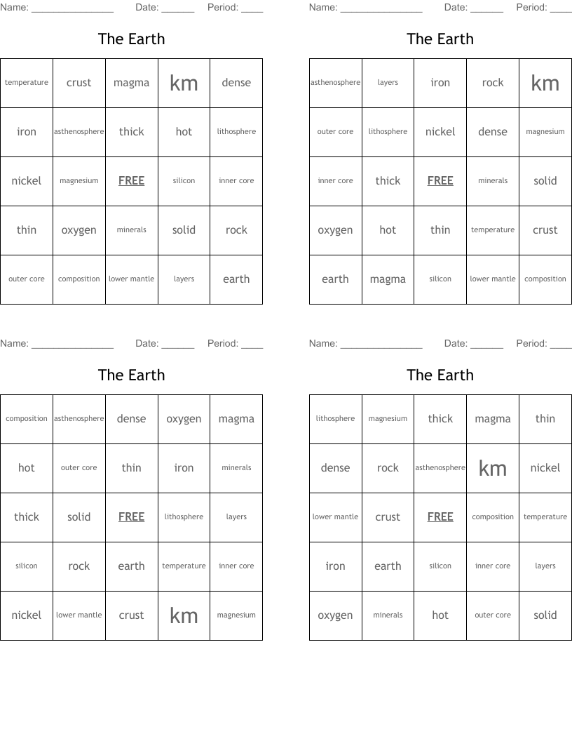 The Earth Bingo Cards
