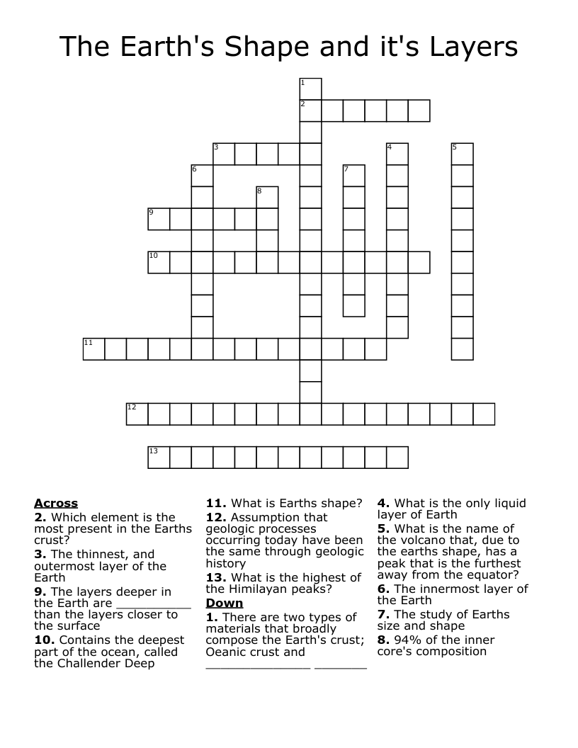 The Earth's Shape and it's Layers Crossword