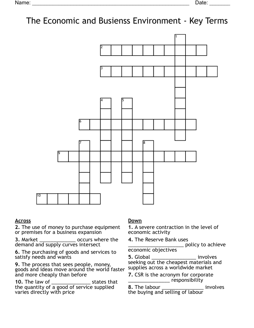The Economic and Busienss Environment - Key Terms Crossword