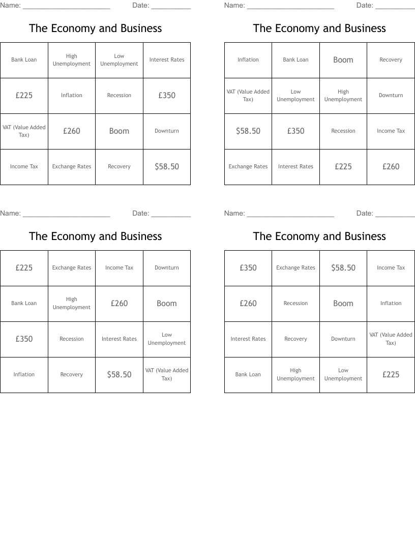 The Economy and Business Bingo Cards