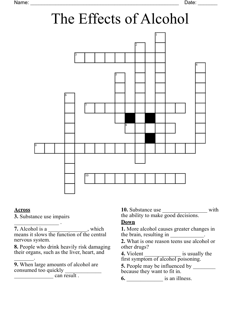 The Effects of Alcohol Crossword
