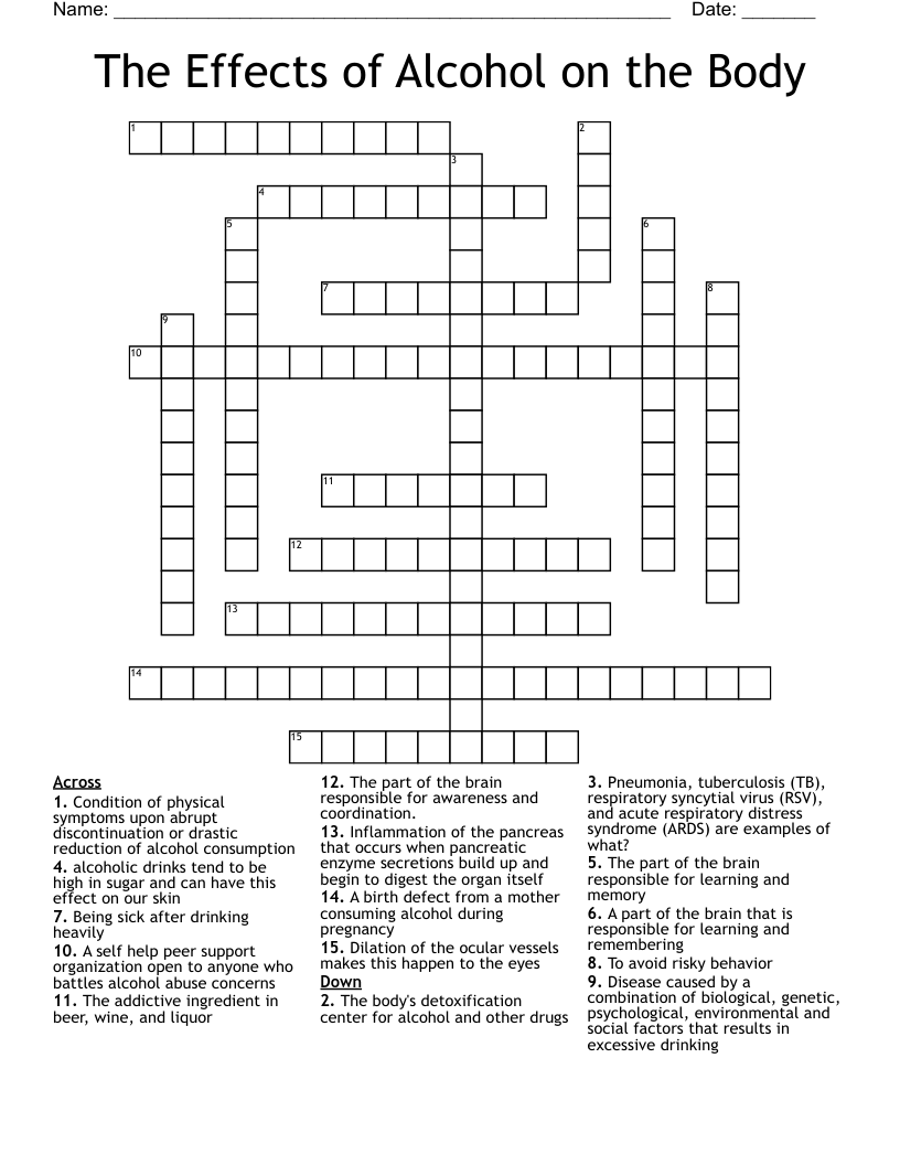 The Effects of Alcohol on the Body Crossword