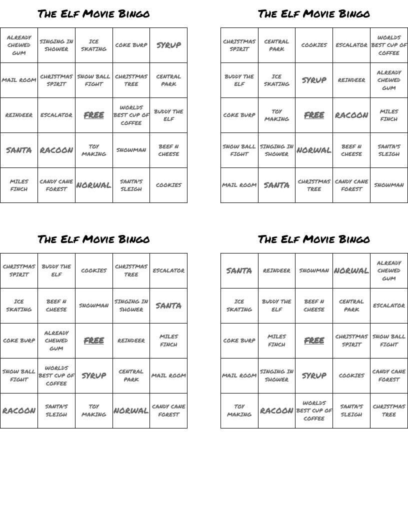 The Elf Movie Bingo 