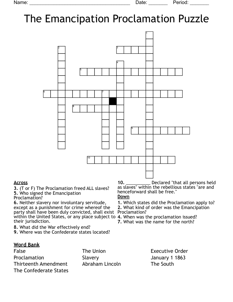 The Emancipation Proclamation Puzzle Crossword