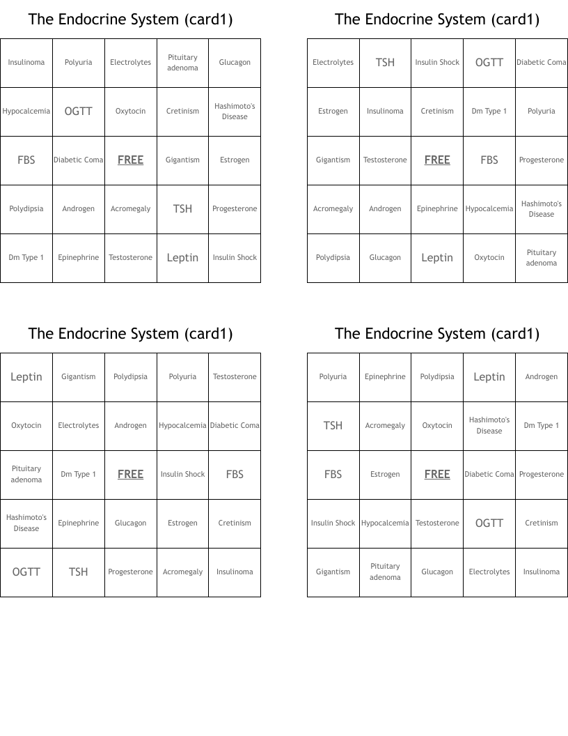 The Endocrine System (card1) Bingo Cards