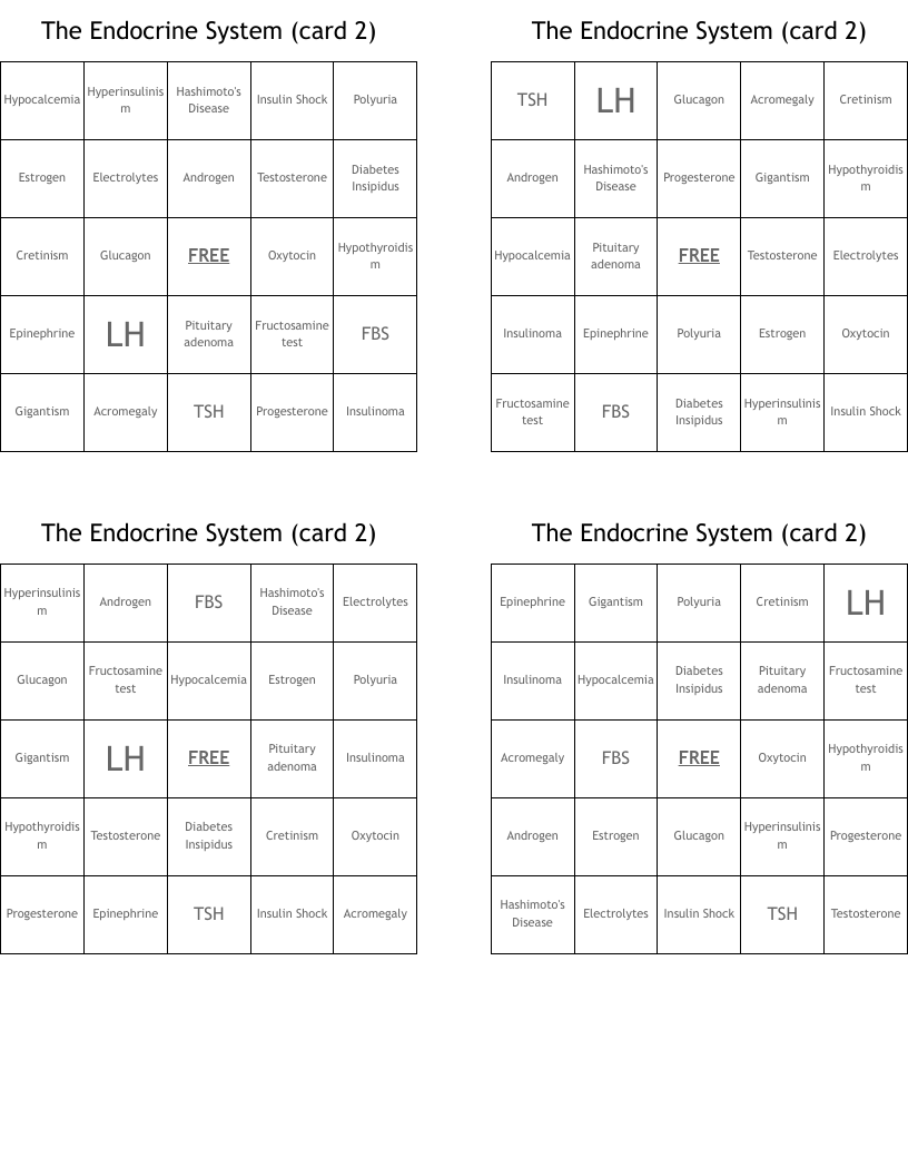 The Endocrine System (card 2) Bingo Cards