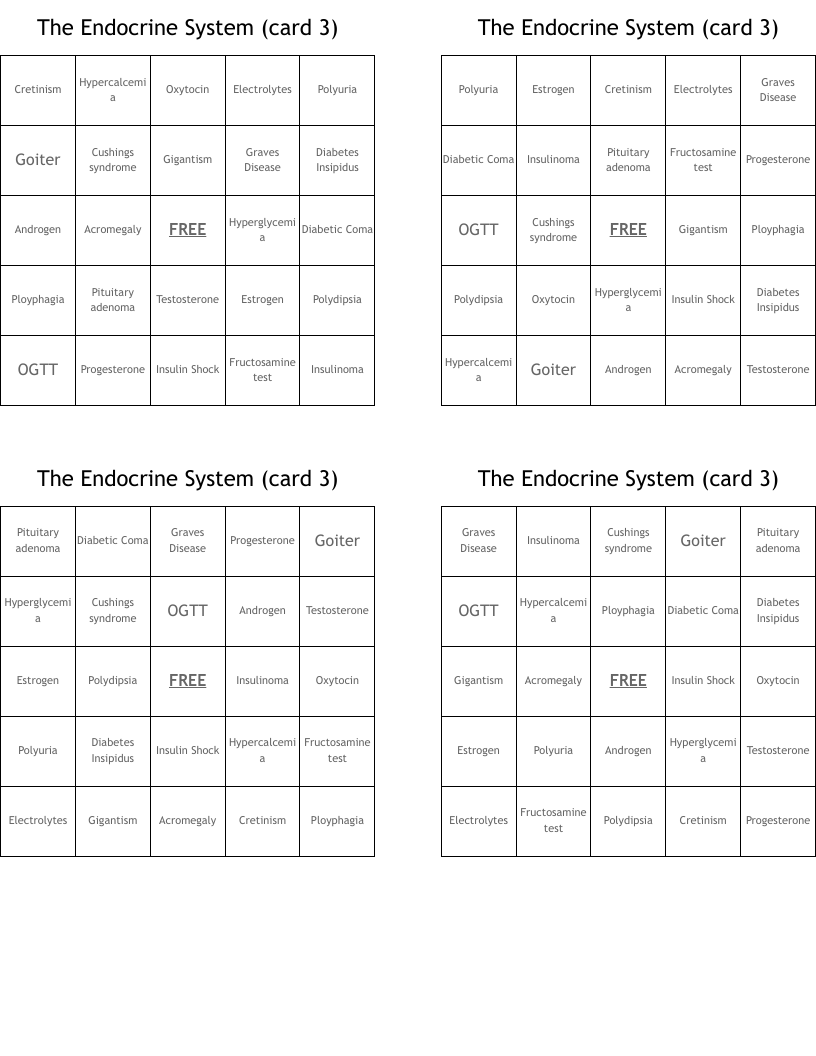 The Endocrine System (card 3) Bingo Cards