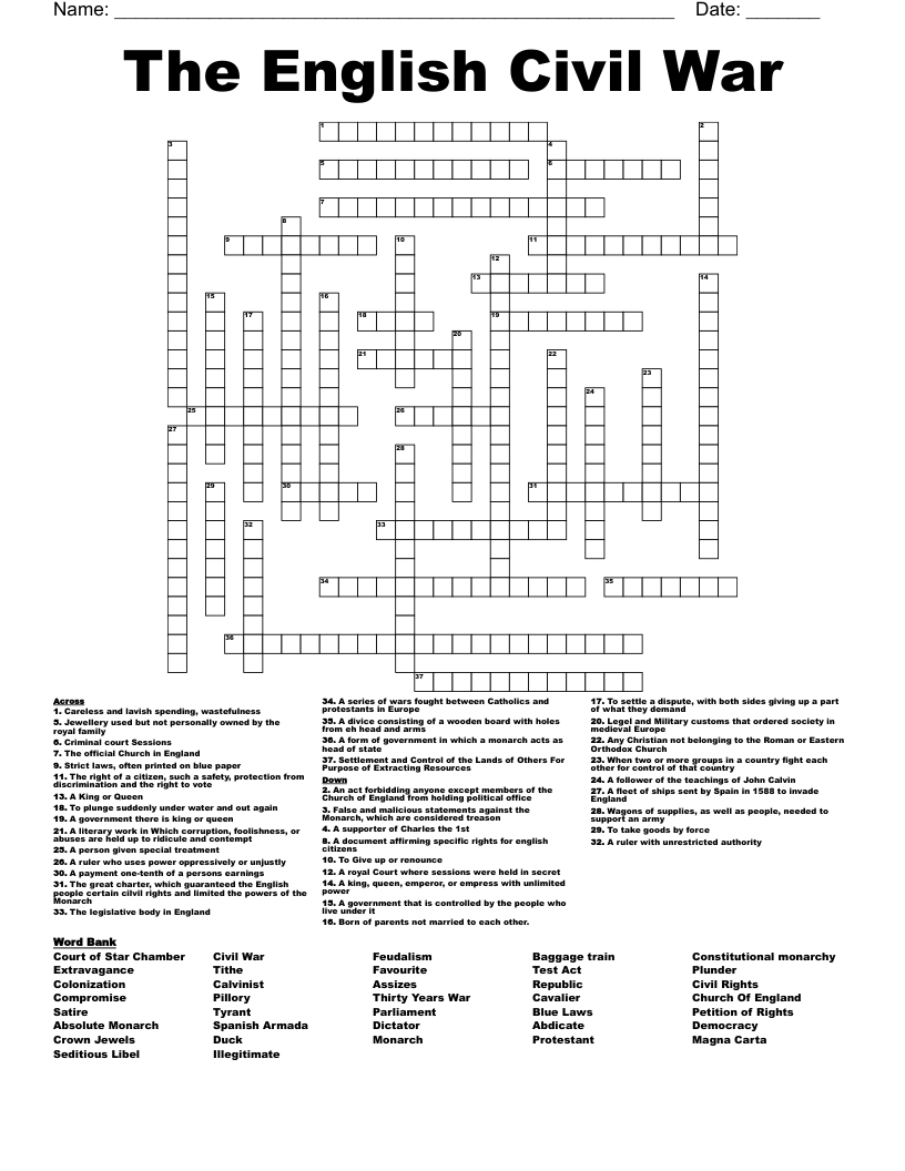 The English Civil War Crossword