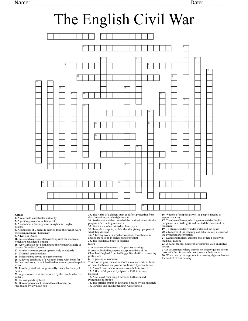 The English Civil War Crossword