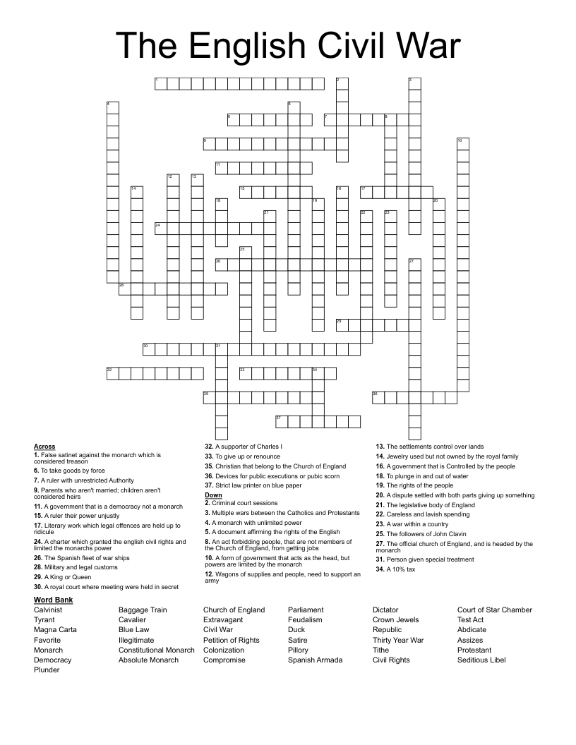 The English Civil War Crossword