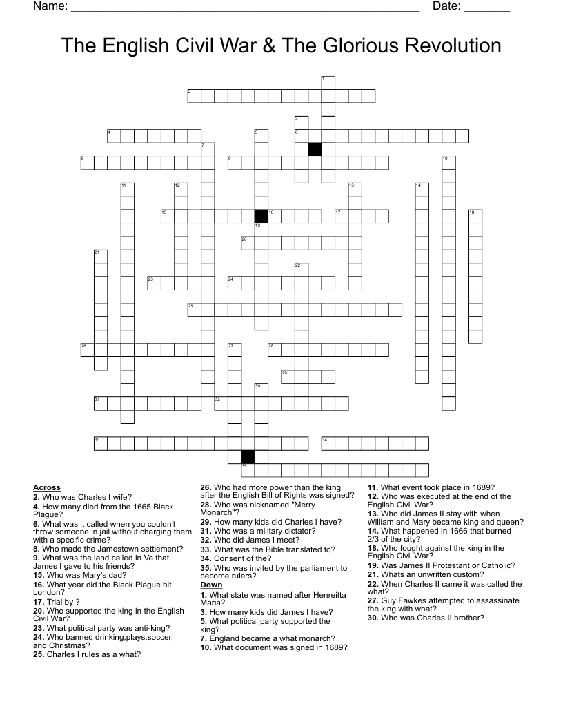 The English Civil War & The Glorious Revolution  Crossword
