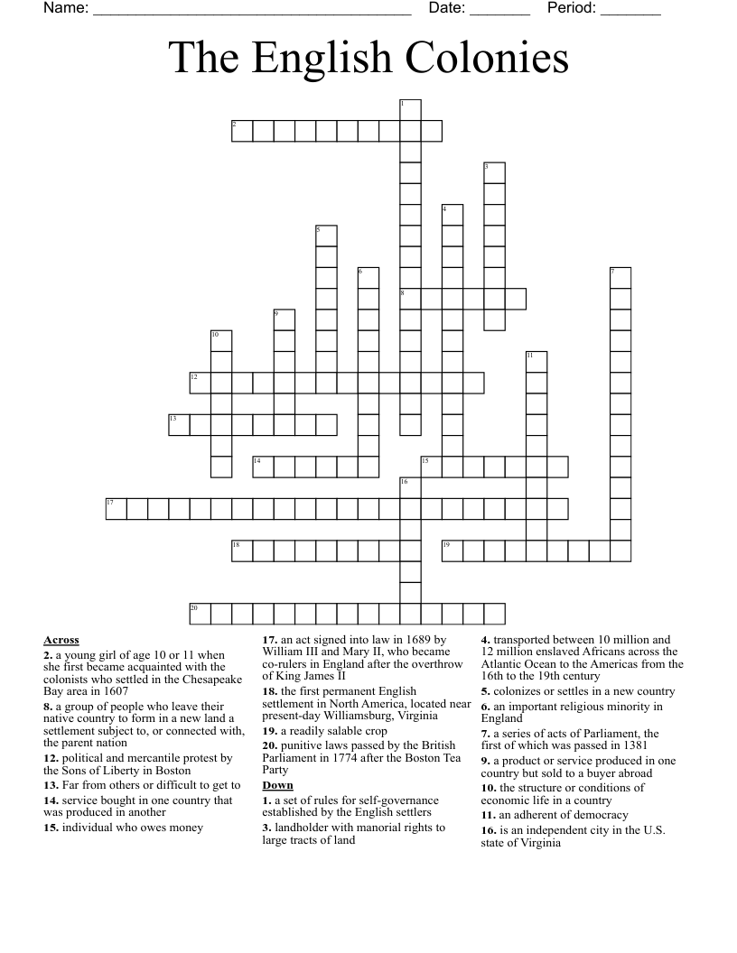 The English Colonies Crossword