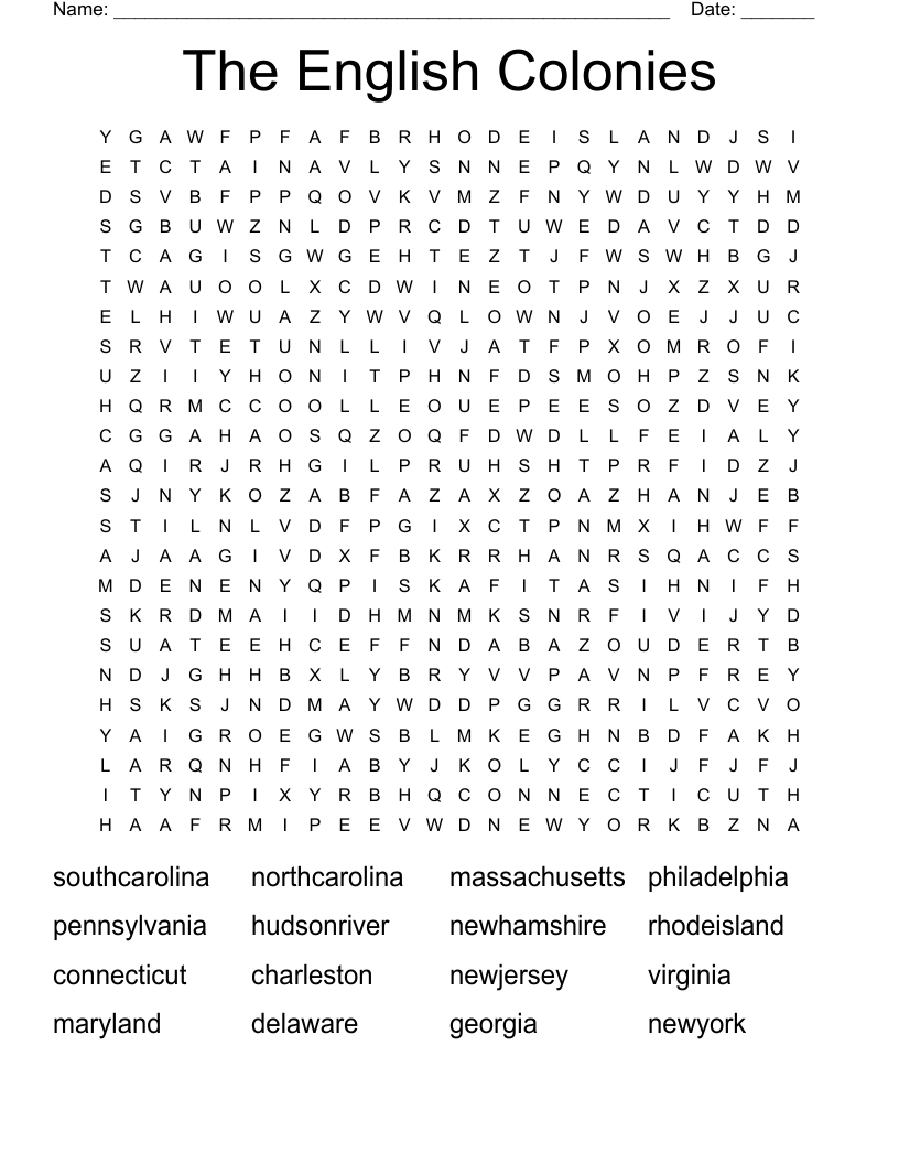 The English Colonies  Word Search