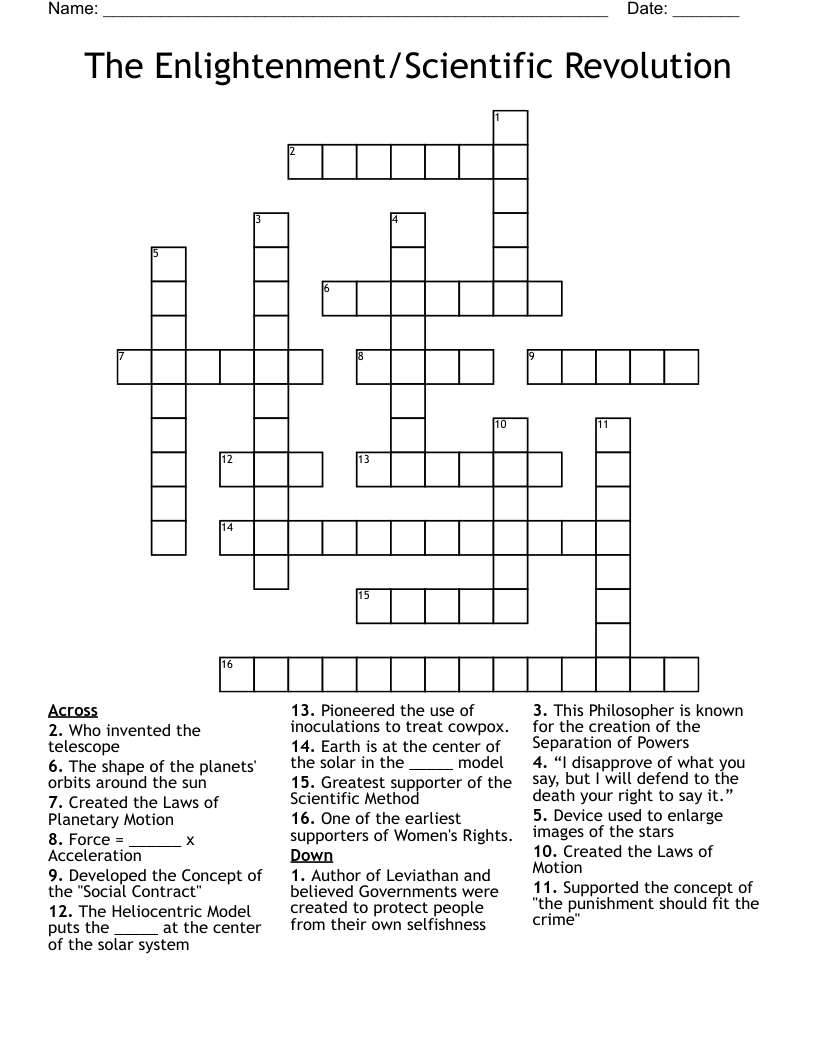 The Enlightenment/Scientific Revolution Crossword