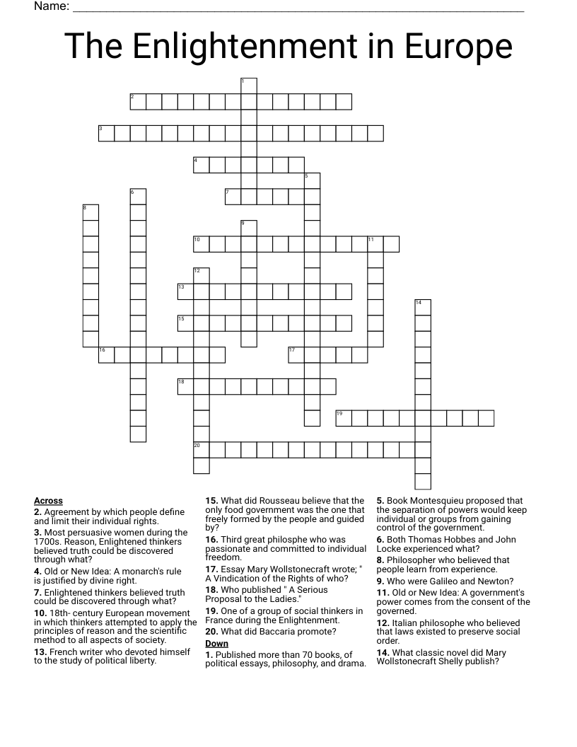 The Enlightenment in Europe  Crossword