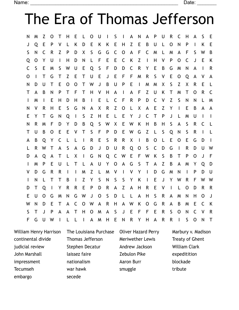 The Era of Thomas Jefferson Word Search