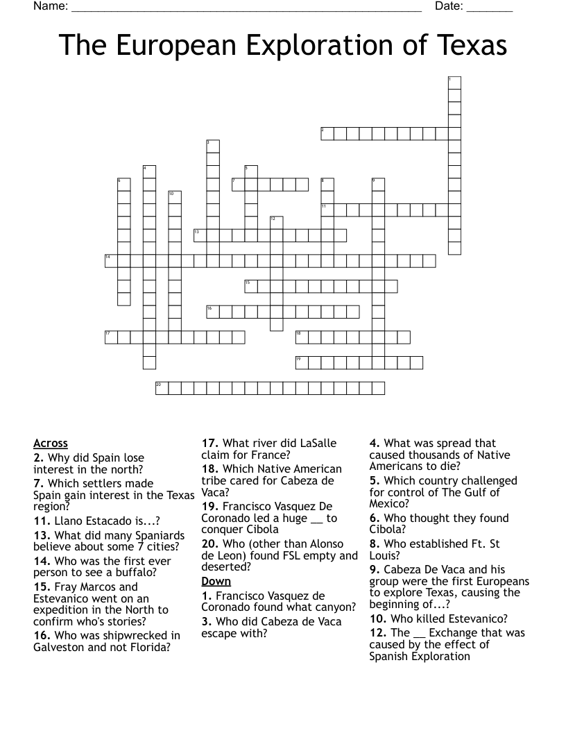 The European Exploration of Texas Crossword