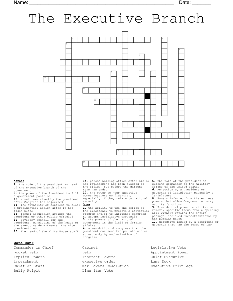 The Executive Branch Crossword