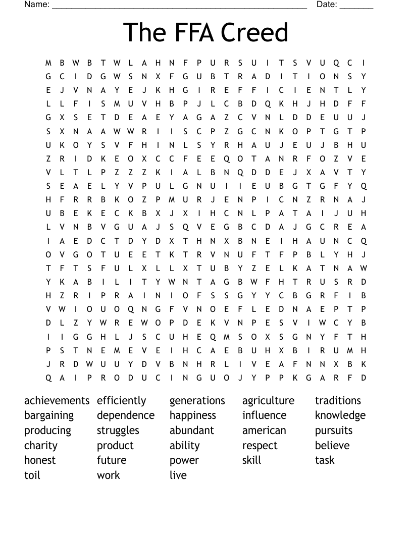 The FFA Creed Word Search