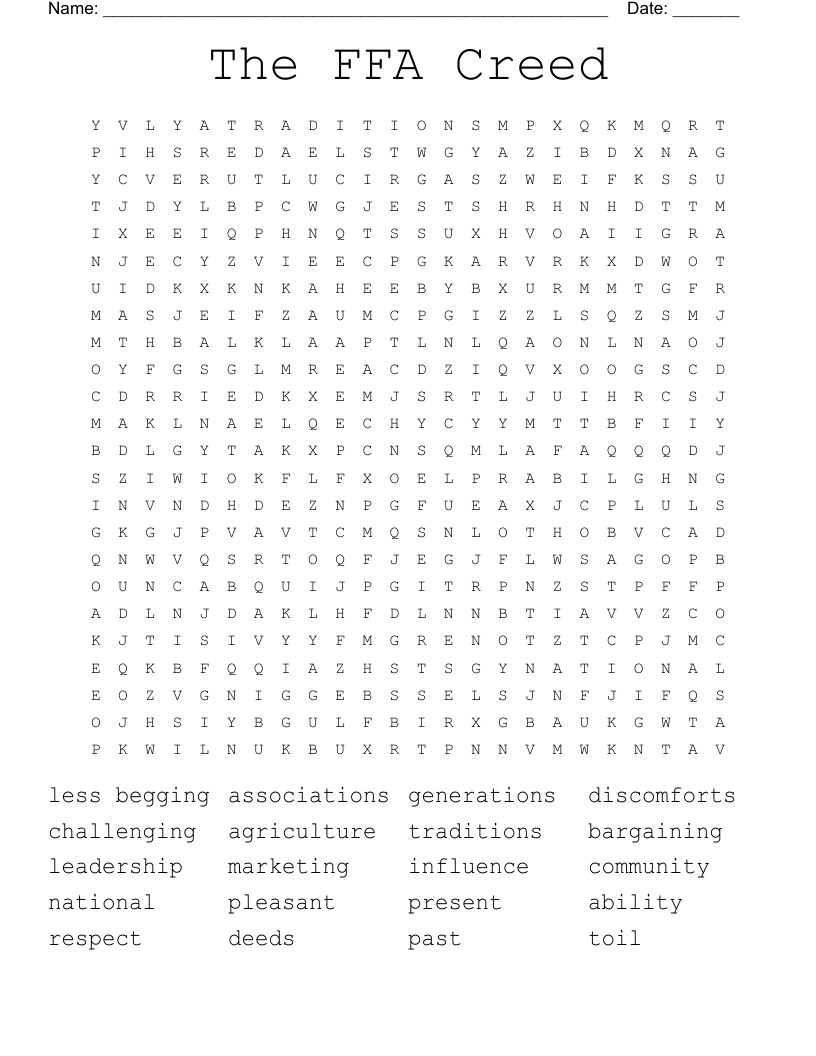 The FFA Creed Word Search
