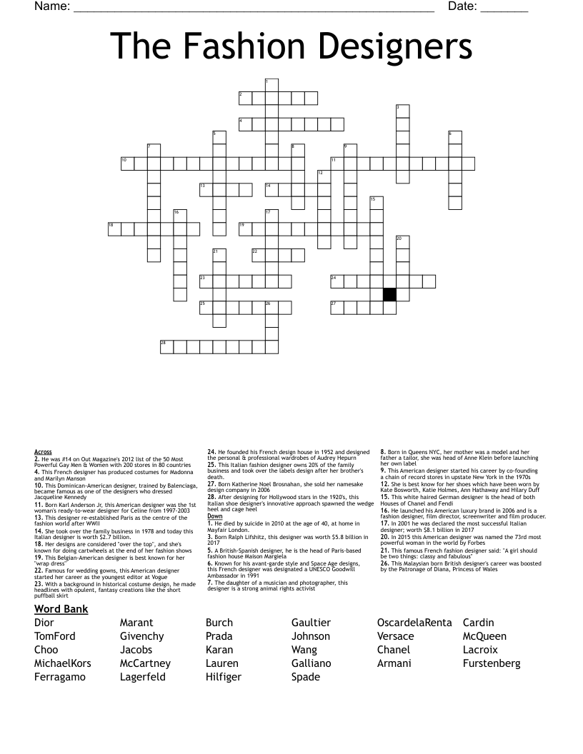 The Fashion Designers Crossword
