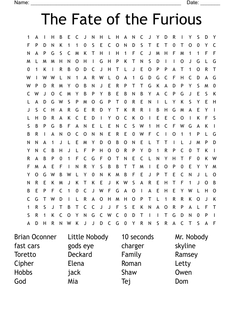 The Fate of the Furious Word Search