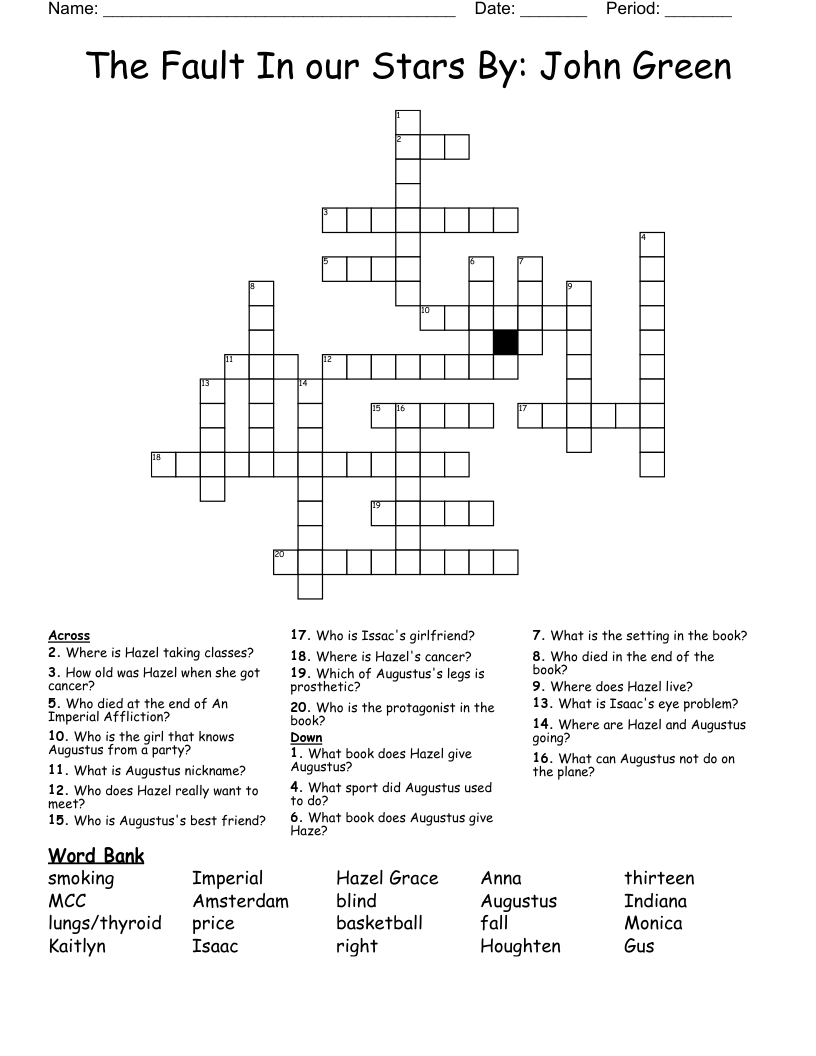 The Fault In our Stars By: John Green Crossword